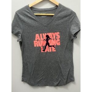 Tek Gear Dry Tek Shirt Gray V-Neck Always Running Late Graphic Tee Medium